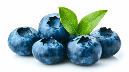 Obraz premium Closeup of Fresh Blueberries with Green Leaf on White Background