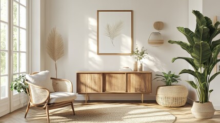Interior with light wood furniture, plants, and soft textures fill this sunny space. Showcase interior design, decoration, or a relaxed, comfortable lifestyle.