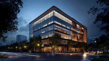 Obraz premium Modern Corporate Structure: An architectural depiction of a contemporary glass and steel office building at twilight, showcasing the elegance and grandeur of modern infrastructure.