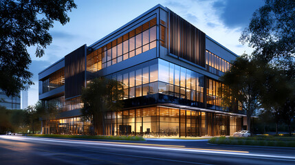 Modern Architectural Marvel: A contemporary office building stands proud against a twilight sky, showcasing sleek lines, expansive glass windows.