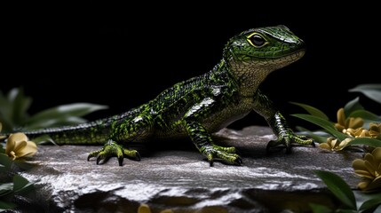 Fototapeta premium Green lizard posing on rock, floral backdrop