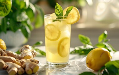 Fototapeta premium Refreshing ginger lemonade with lemon slices and mint in a glass with ice. Zesty and invigorating drink.