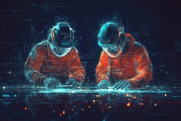 Two futuristic figures working on a digital holographic interface