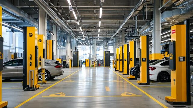 Indoor Car Parking Structure, Modern Interior Design and Yellow Column Supports