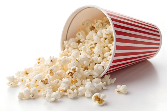 A red and white striped popcorn bucket tipped over, spilling fluffy, buttery popcorn onto a white surface.