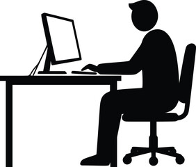 Silhouette of a person sitting at a desk using a computer, illustrating modern office work environment and ergonomics