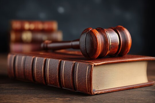 Legal books and gavel on wooden table
