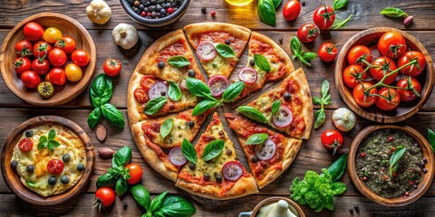 Delicious Pizza Toppings Overhead Shot, Closeup Food Photography, Dark Wood Background, Recipe Inspiration, Culinary Image, Pizza Ingredients