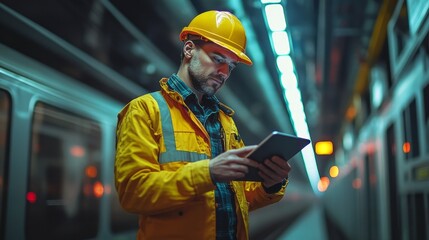 Construction worker reviews tablet while standing on train platform