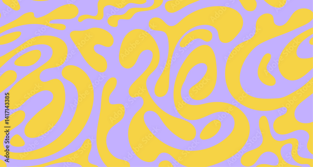 Poster psychedelic groovy trippy y2k retro seamless pattern in yellow and lavender purple colors. wavy and 