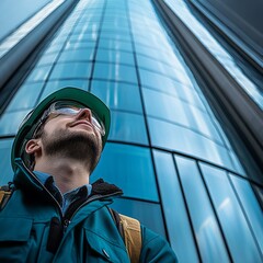 Construction worker looks up at modern glass skyscraper building