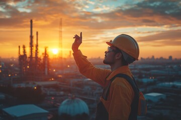 Oil refinery worker observes the sunset over a large industrial complex