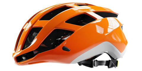 Naklejka premium High-gloss orange cycling helmet with ventilation holes isolated on transparent background 
