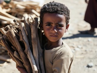 A young Eritrean boy carries firewood in the remote village of Pershitta. In the background, the photo was taken with Provia film. the entire scene was minimalist and zoomed out --ar 4:3 --stylize 20
