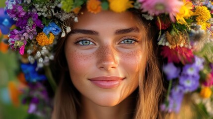 Fototapeta premium Woman with flower crown, radiant smile