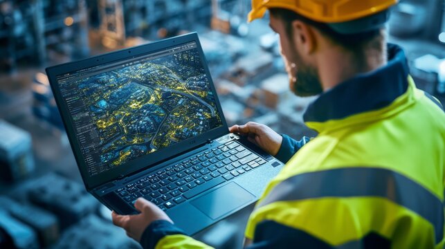 Construction worker reviews city map on laptop screen carefully