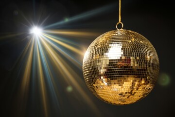 Obraz premium Disco Ball Reflects Light Beams in Dark Room, Creating a Festive Atmosphere.