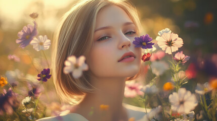 Fototapeta premium Low-angle close-up of the most beautiful and adorable young woman in a hairstyle catalog