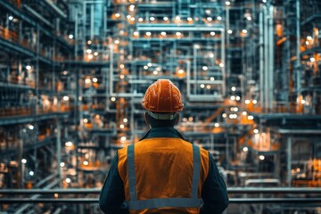 Fototapeta premium Engineer observes complex industrial plant at night from behind