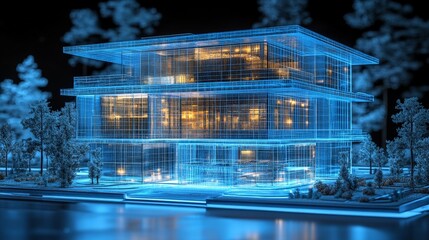 Futuristic Glass Architecture Blueprint with Digital Glow
