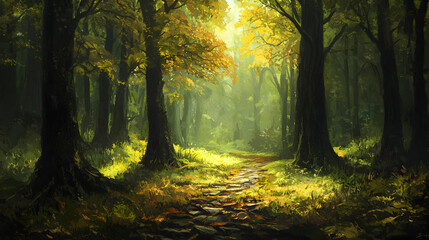 Fototapeta premium stone pathway through a forgotten enchanted forest bathed in dappled sunlight 