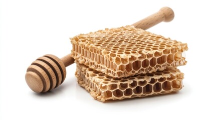 Honeycomb squares and wooden dipper on white background.