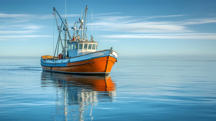 Seafaring Silhouette: A striking fishing boat sails across a tranquil expanse of the sea, the vessel's vibrant colors and meticulous design set against the clear, open sky.