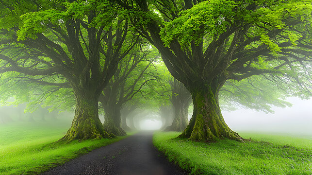 foggy forest with a hidden pathway fading into the mist between ancient trees  - Powered by Adobe