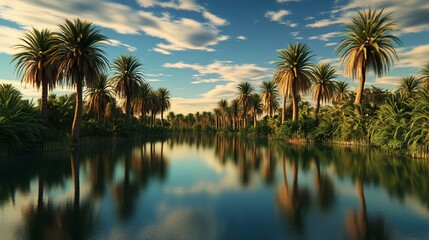 Obraz premium Palm trees lining a river reflecting a cloudy blue sky in a tropical landscape scene view