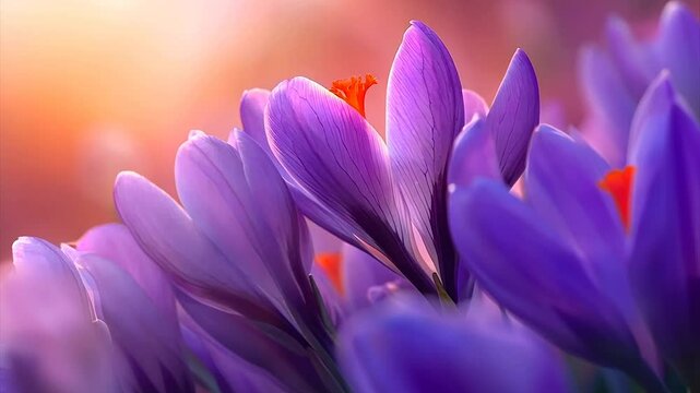 Vibrant purple crocuses bask in warm sunset light