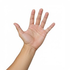 A single human hand with fingers extended against a plain white background in a studio setting shot up close