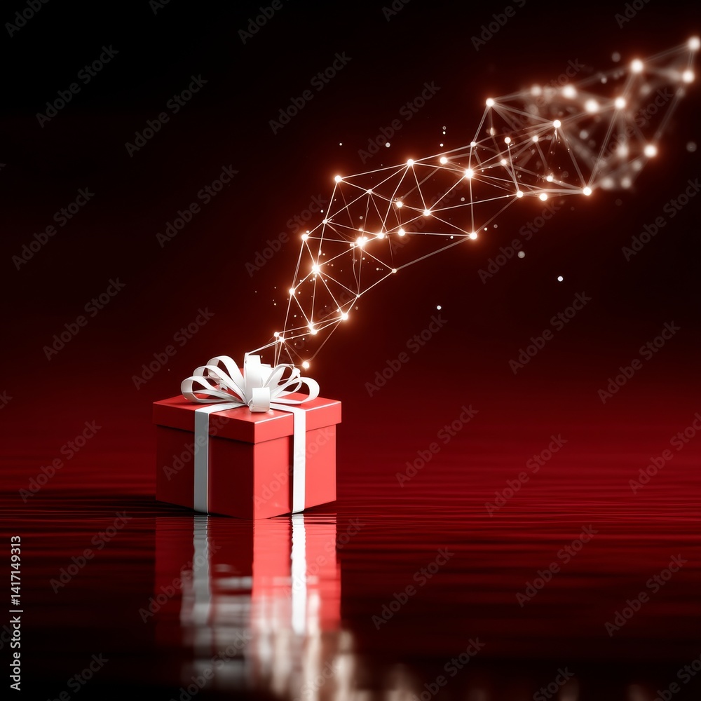 Poster a gift of innovation: red present with glowing network emerging on dark red background.