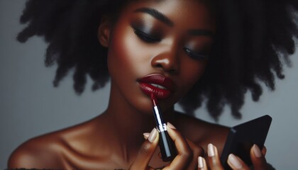 Obraz premium African Female Model putting on Lipstick - Cosmetic Advertisement of Lip Gloss, Liner, Lipstick, Lip Balm, - Woman Posing with and Applying Lipstick - Gloseup of Beauty Product