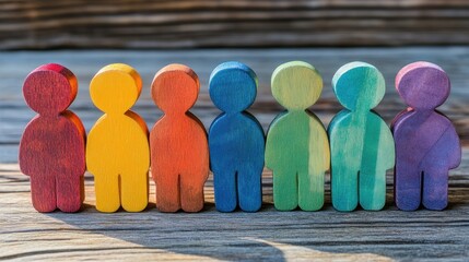 Colorful wooden figures standing in a row on a wooden surface.