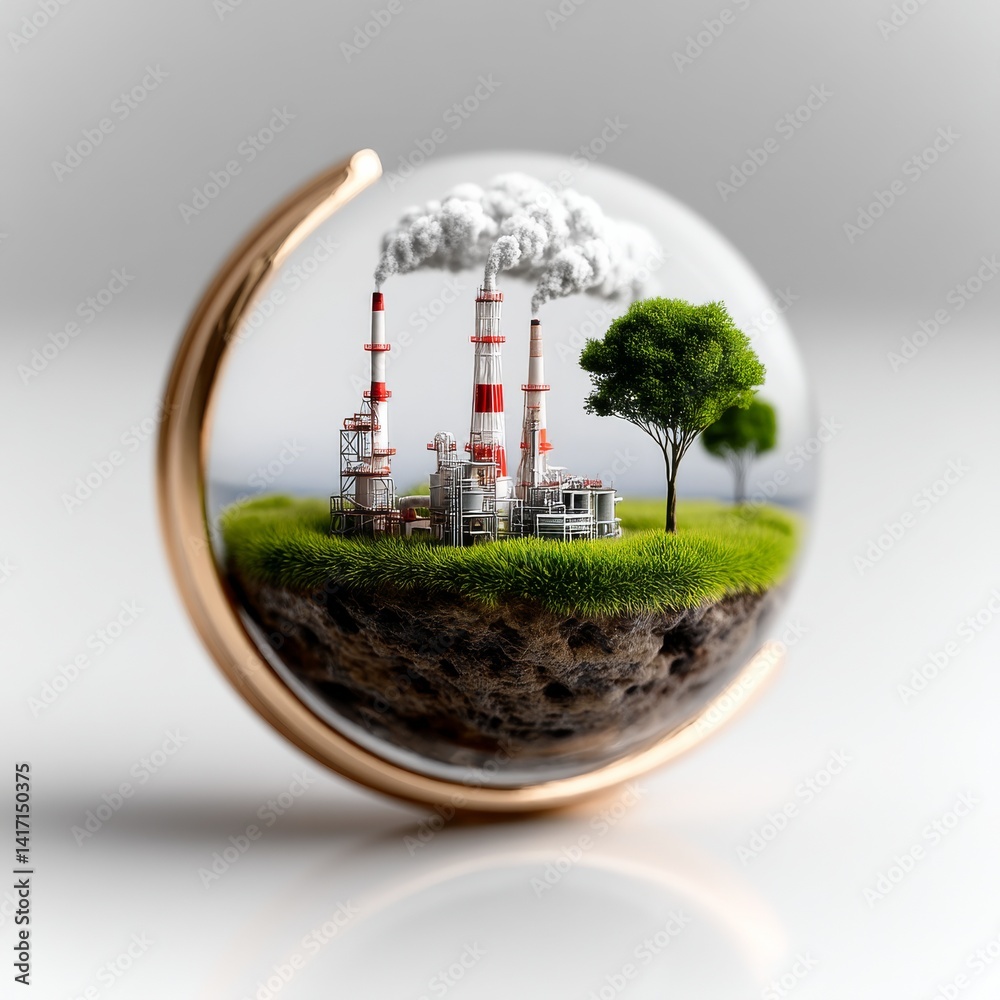 Poster fragile earth: industry and nature in equilibrium inside a glass sphere, a delicate balance on displ