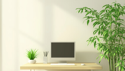 Fototapeta premium Minimalist Workspace Harmony: A sun-drenched desk, embraced by the serenity of a lush green bamboo plant and a potted ornamental plant, creating a modern, eco-friendly ambiance.