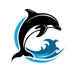Stylized Black Dolphin Jumping in Ocean Wave High-Quality isolated on Transparent Background PNG