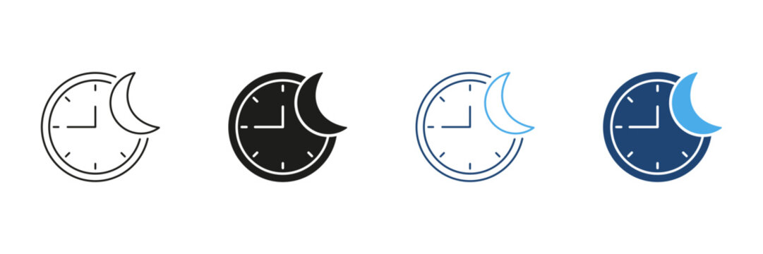 Night Time Mode, Moon with Clock Line and Silhouette Icon Set. Time Management And Scheduling For Healthy Lifestyle And Wellness. Isolated Vector Illustration