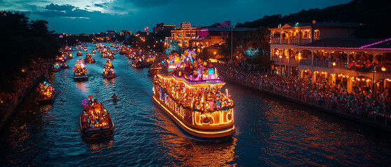 A grand night parade during Fiesta San Antonio. Illuminated floats glide under a moonlit sky, crowds singing and dancing with glowing flower crowns and face paint. 