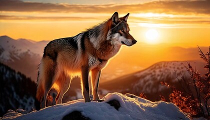 Fototapeta premium Majestic Wolf at Sunset A Breathtaking Mountaintop Scene