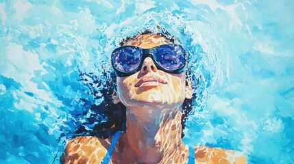 Naklejka premium Woman with sunglasses submerged in a swimming pool, sunlight reflecting on her face and body.