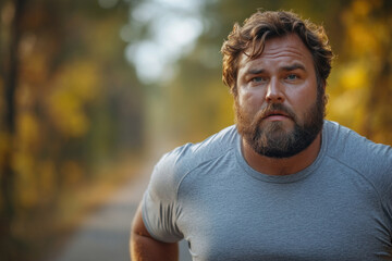 Obraz premium Bearded man jogging outdoors in autumn forest wearing a gray sports shirt