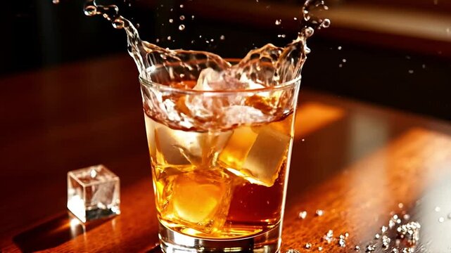 Slow-Motion Hyper-Realistic Video of Ice Splashing into Golden Arrack in a Cinematic Close-Up

