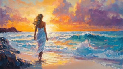 Fototapeta premium Woman in white dress walking towards ocean sunset.