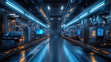 Naklejka premium Futuristic Industrial Interior with Glowing Lights