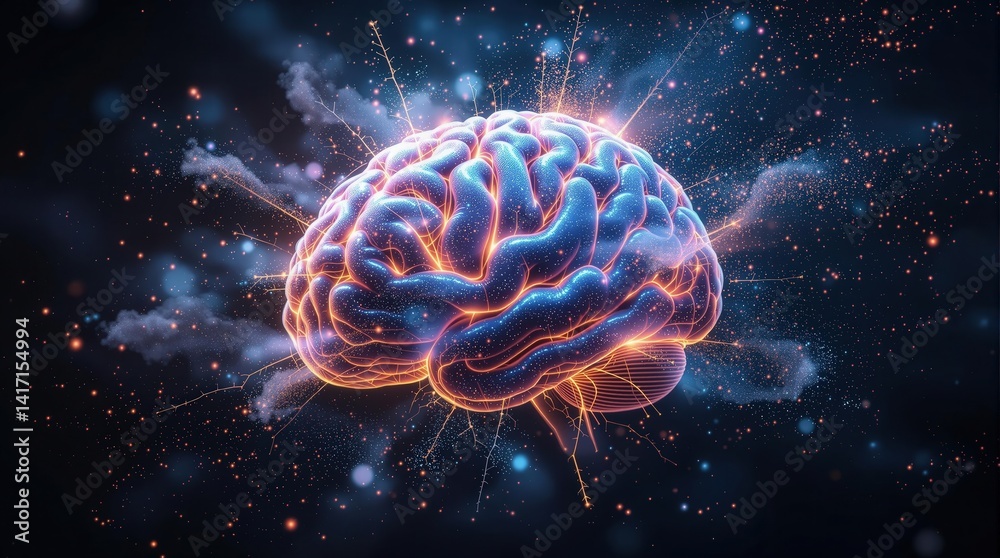 Poster a 3d rendering of a human brain with sparks and particles flying around it, set against a dark backg