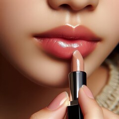 Obraz premium Asian Female Model putting on Lipstick - Cosmetic Advertisement of Lip Gloss, Liner, Lipstick, Lip Balm, - Woman Posing with and Applying Lipstick - Gloseup of Beauty Product