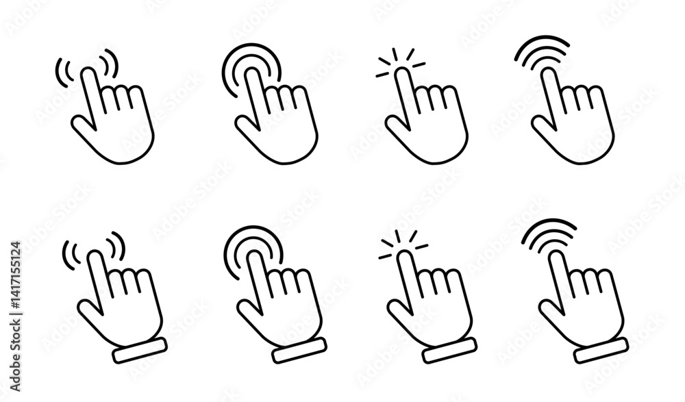 Poster computer mouse cursor icon set with arrows, hand pointers, click effects, and loading symbols. perfe