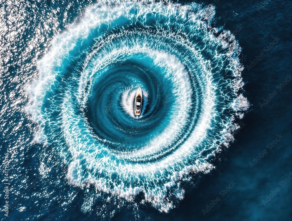 Poster a boat creating a wake in the ocean water.