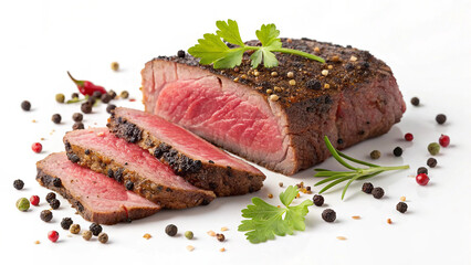 Savory Steak Masterpiece: Sliced Tender Meat Cooked to Medium-Rare Perfection, Garnished With Fresh Parsley, Rosemary, Whole Peppercorns, and Red Chili Peppers for an Elegant Culinary Presentation